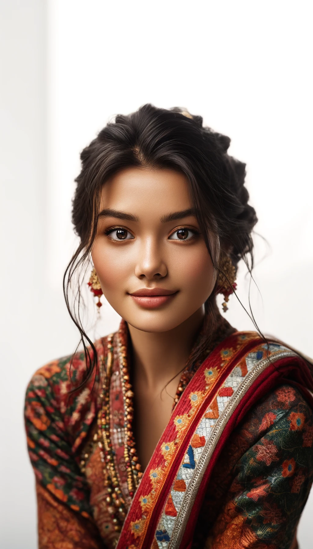 Home | DALL·E 2024 04 04 22.50.47 A portrait of a beautiful Nepali girl in traditional attire looking towards the viewer with a warm and inviting expression. Her attire is rich in col
